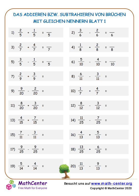 Brüche Mit Unterschiedlichen Nenner Addieren Fünfte Klasse Arbeitsblätter: Das Addieren und Subtrahieren von Brüchen