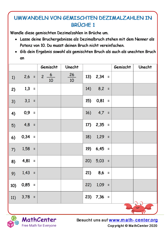 Dezimalzahlen In Brüche Umwandeln Rechner Dritte Klasse Arbeitsblätter: Umwandlung von Brüchen | Math Center
