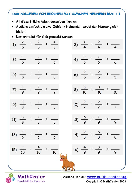 Fünfte Klasse Arbeitsblätter Das Addieren von Brüchen Math Center