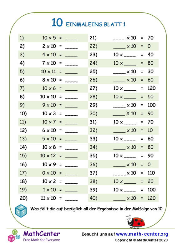 Dritte Klasse Arbeitsblätter: Einmaleins | Math Center