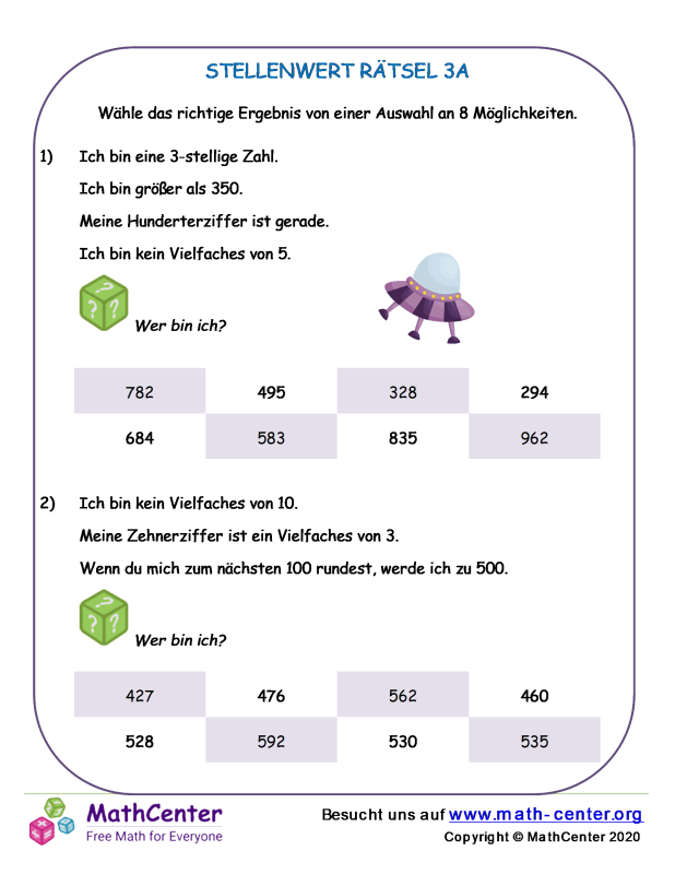 Dritte Klasse Arbeitsblätter: Logikrätsel | Math Center