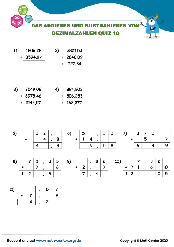 Dezimalzahlen Addieren Und Subtrahieren übungen Pdf Fünfte Klasse Quizze: Das Addieren von Dezimalzahlen | Math Center