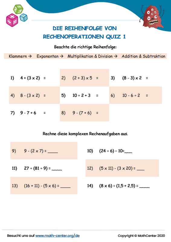 Fünfte Klasse Quizze Die Reihenfolge Von Rechenoperationen Math Center 6284