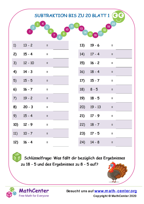 Erste Klasse Arbeitsblätter: Einstellige Subtraktion | Math Center
