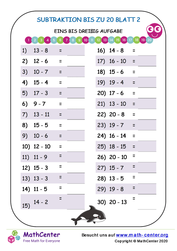 Erste Klasse Arbeitsblätter: Einstellige Subtraktion | Math Center