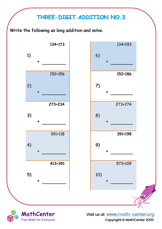 Second Grade Worksheets Threedigit Addition With Regrouping Math Center