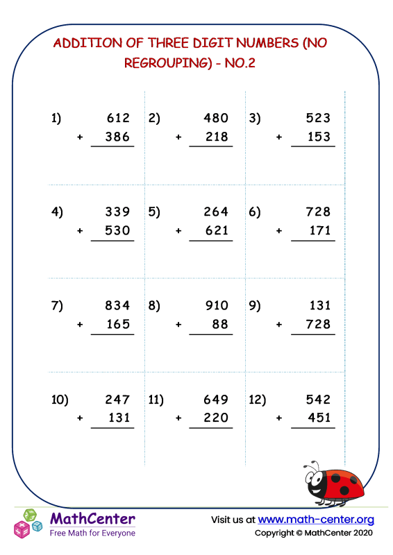 Second Grade Worksheets Three Digit Addition Without Regrouping Math Center 0885