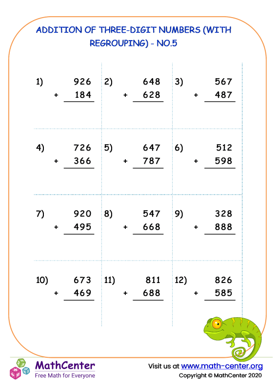 Second Grade Worksheets Threedigit Addition With Regrouping Math Center