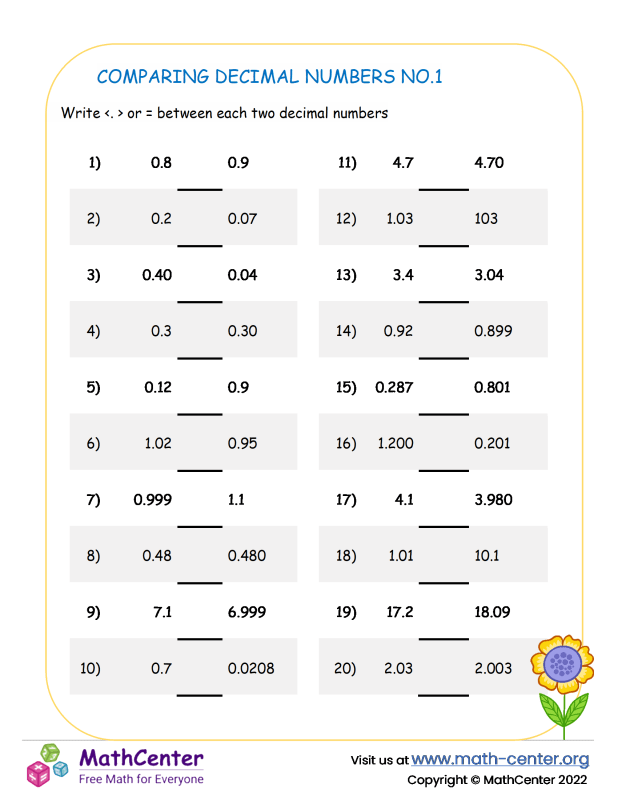 Fourth Grade Worksheets Ordering Decimals Math Center