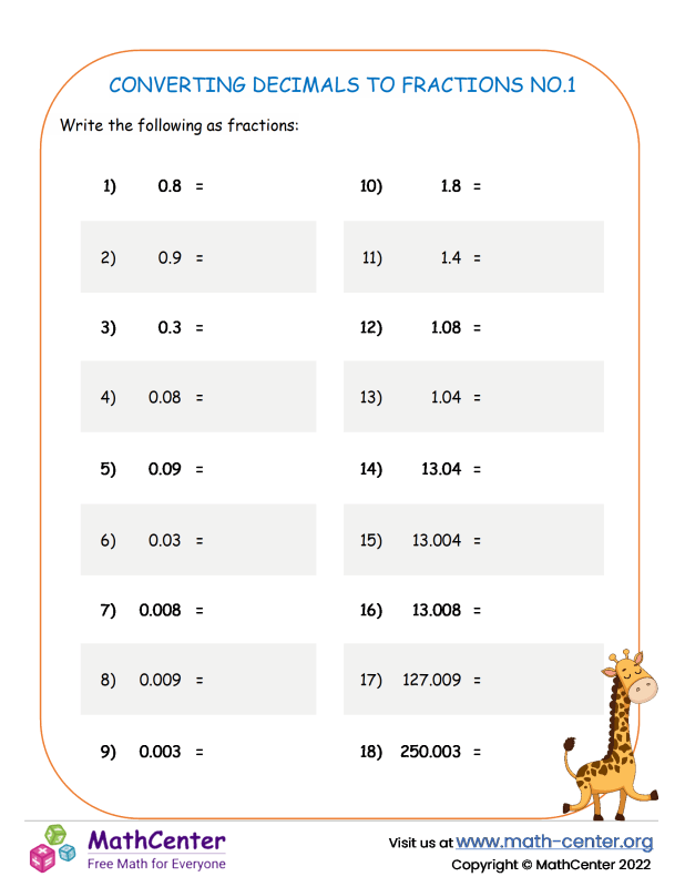 Fifth grade worksheets fraction conversion math center
