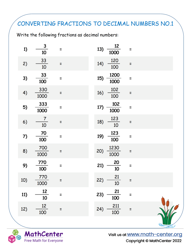 Fifth Grade Worksheets Fraction Conversion Math Center