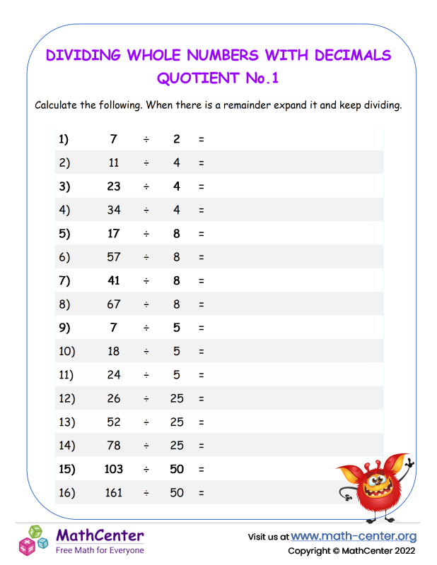 Fourth Grade Worksheets Dividing Decimals Math Center