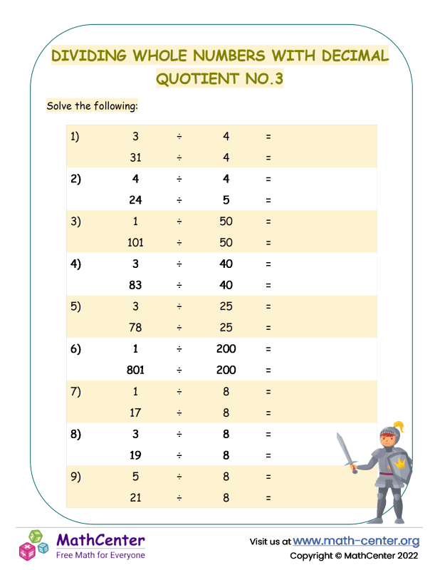 Fourth Grade Worksheets Dividing Decimals Math Center