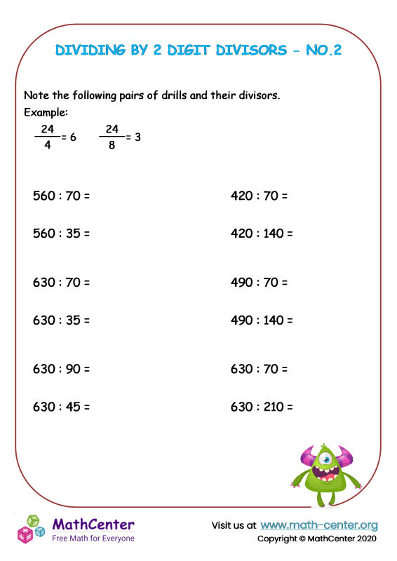 Fifth Grade Worksheets Twodigit Divisors Math Center