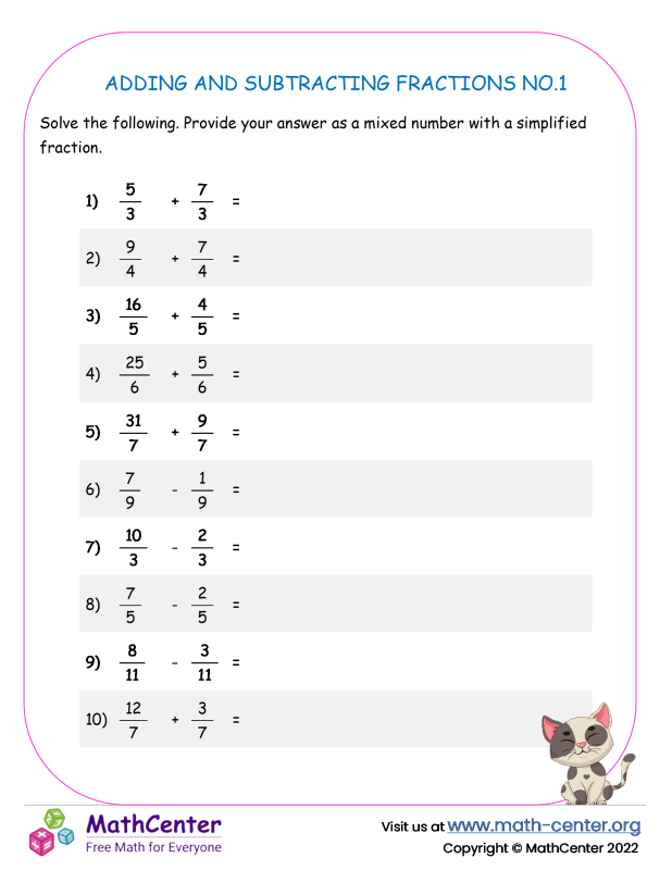 Fifth Grade Worksheets Adding Fractions Math Center
