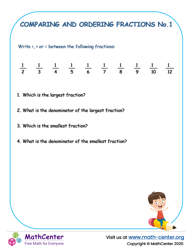 Fourth Grade Worksheets Comparing Fractions Math Center