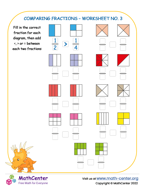 Third Grade Worksheets Comparing Fractions Math Center
