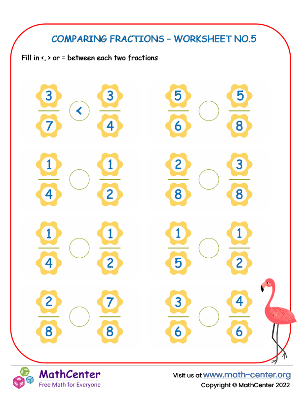 Fourth Grade Worksheets Comparing Fractions Math Center