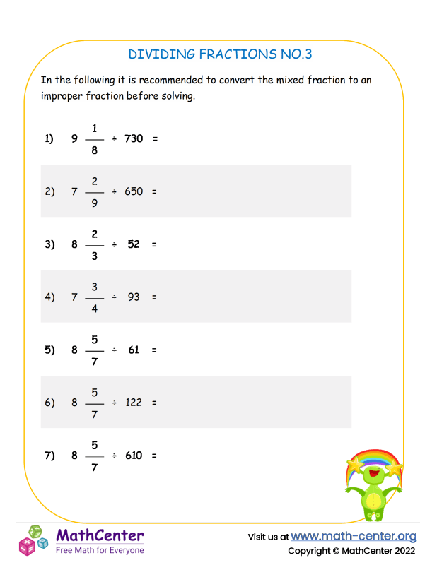 Fifth Grade Worksheets Dividing Fractions Math Center