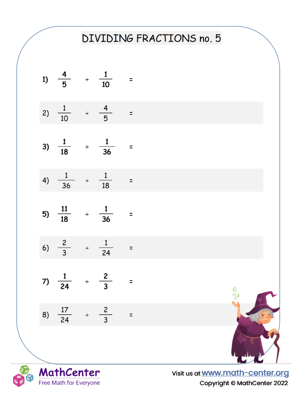 Sixth Grade Worksheets: Dividing Fractions Math Center