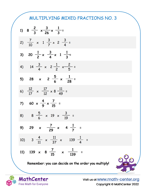 Fifth Grade Worksheets Multiplying Fractions Math Center 2259