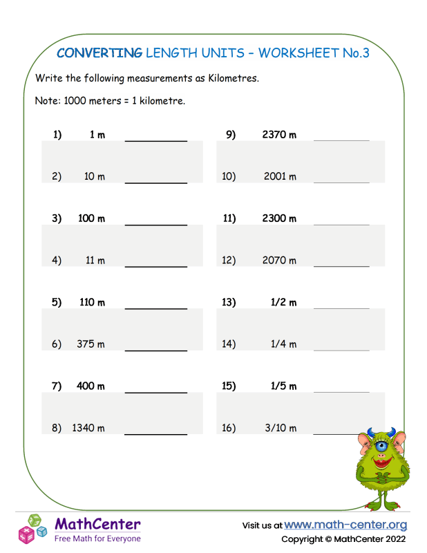 Fifth Grade Worksheets Converting Length Math Center