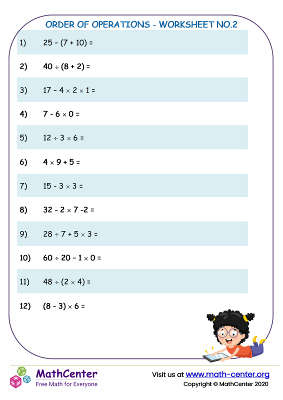 Fifth Grade Worksheets Order of Operations Math Center