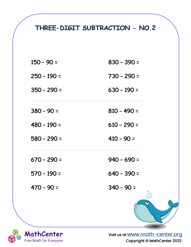 Second Grade Worksheets Threedigit Subtraction Math Center