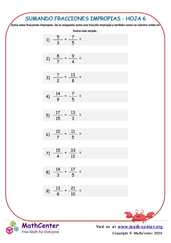 Quinto Grado Hojas De Trabajo Sumar Y Restar Fracciones Math Center 7089