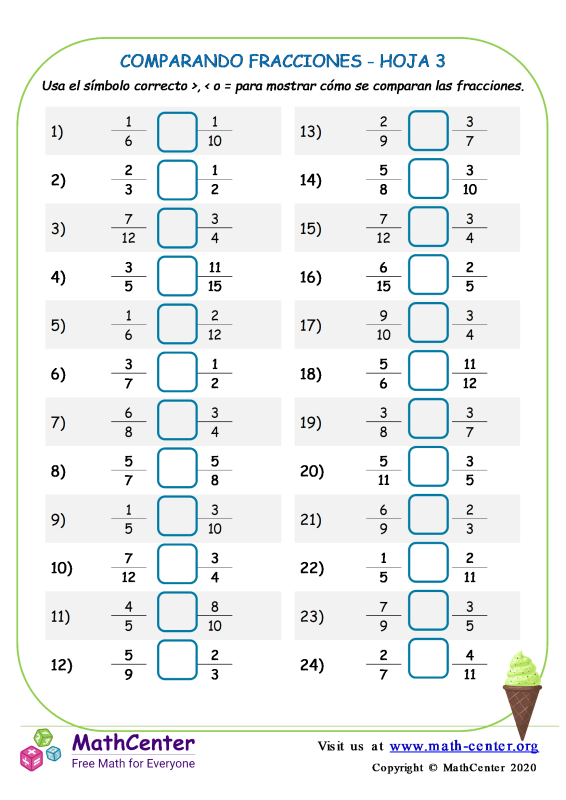 Cuarto Grado Hojas De Trabajo Comparar Fracciones Math Center 2985