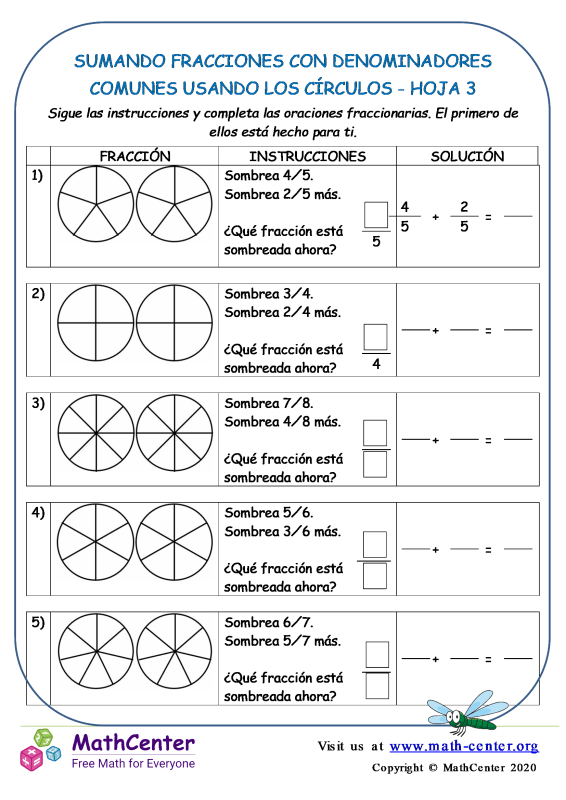 Tercer Grado Hojas De Trabajo Sumar Fracciones Math Center 1054
