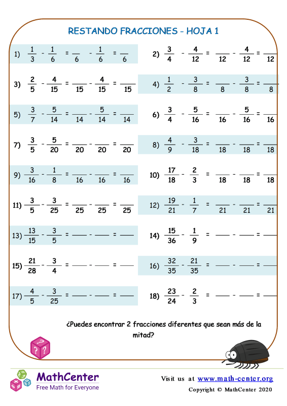 Quinto Grado Hojas De Trabajo Restar Fracciones Math Center 8736