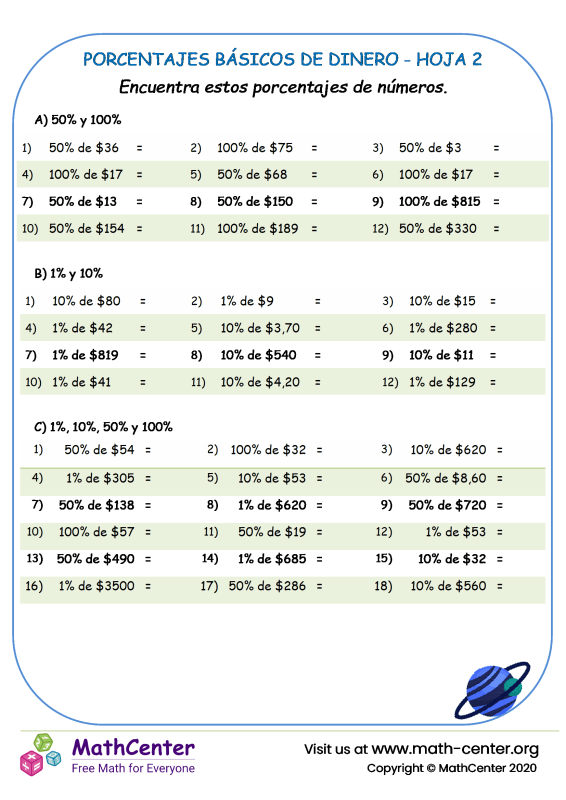 Sexto Grado Hojas De Trabajo Porcentajes Math Center 9668