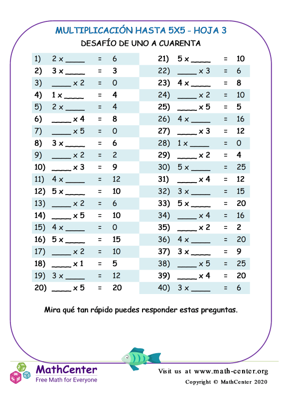 Segundo Grado Hojas de trabajo Tablas de Multiplicar Math Center
