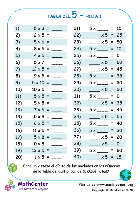 Segundo Grado Hojas de trabajo Tablas de Multiplicar Math Center