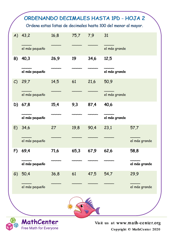 Cuarto Grado Hojas De Trabajo Ordenar Decimales Math Center
