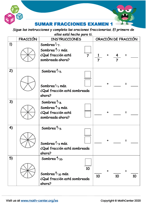 Tercer Grado Pruebas Sumar Fracciones Con Denominadores Comunes Math Center 8498