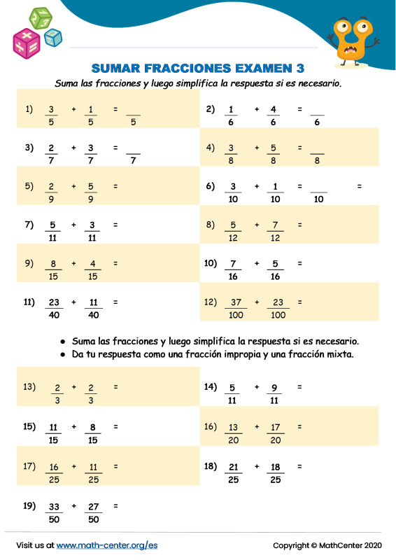 Quinto Grado Pruebas Sumar Fracciones Con Denominadores Comunes Math Center 6885