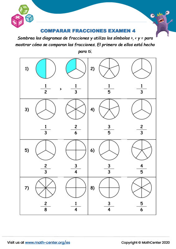 Quinto Grado Pruebas Comparar Fracciones Math Center 8602