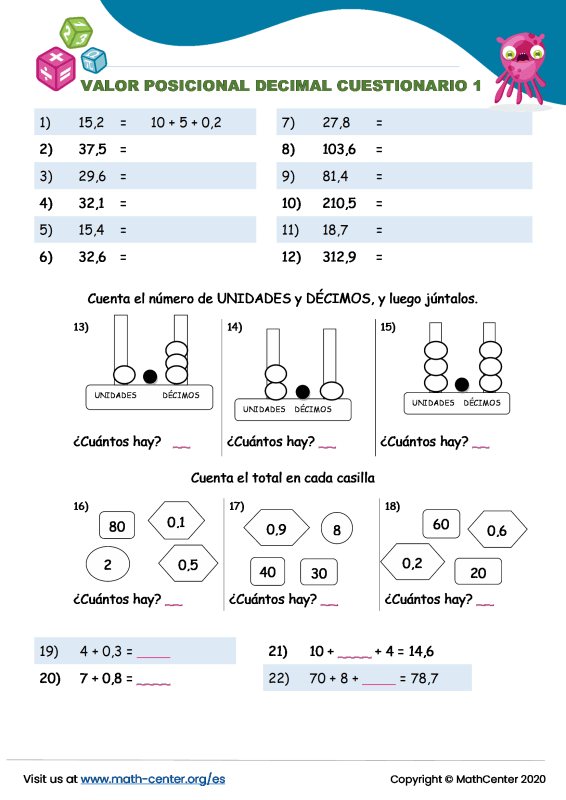 Cuarto Grado Pruebas Valor Posicional Decimal Math Center