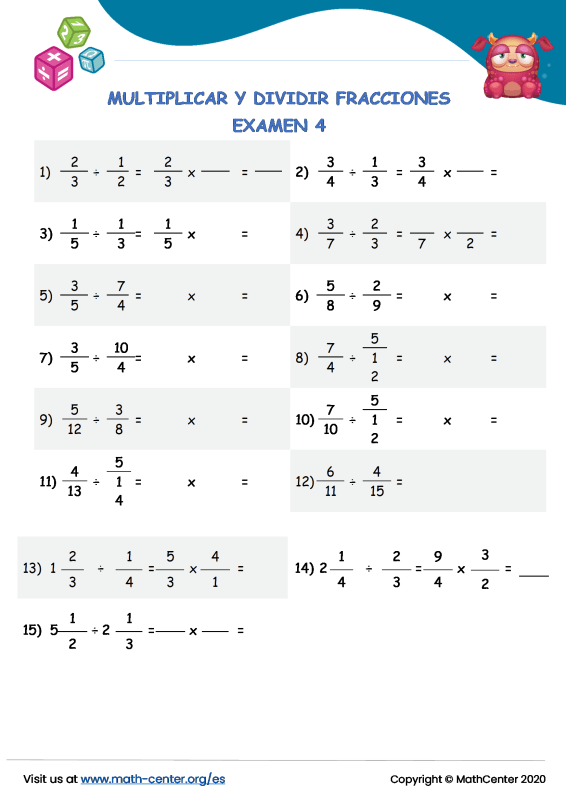 Quinto Grado Pruebas Dividir Fracciones Math Center