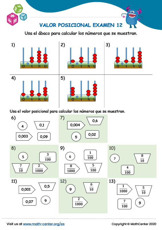 Quinto Grado Pruebas Valor Posicional Decimal Math Center