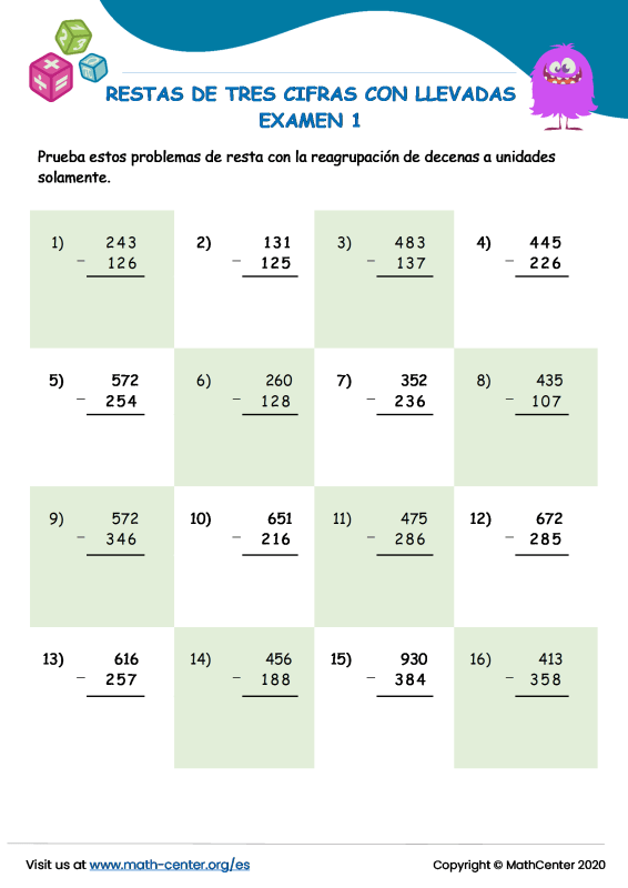 Segundo Grado Pruebas Restas De Tres Cifras Con Llevadas Math Center