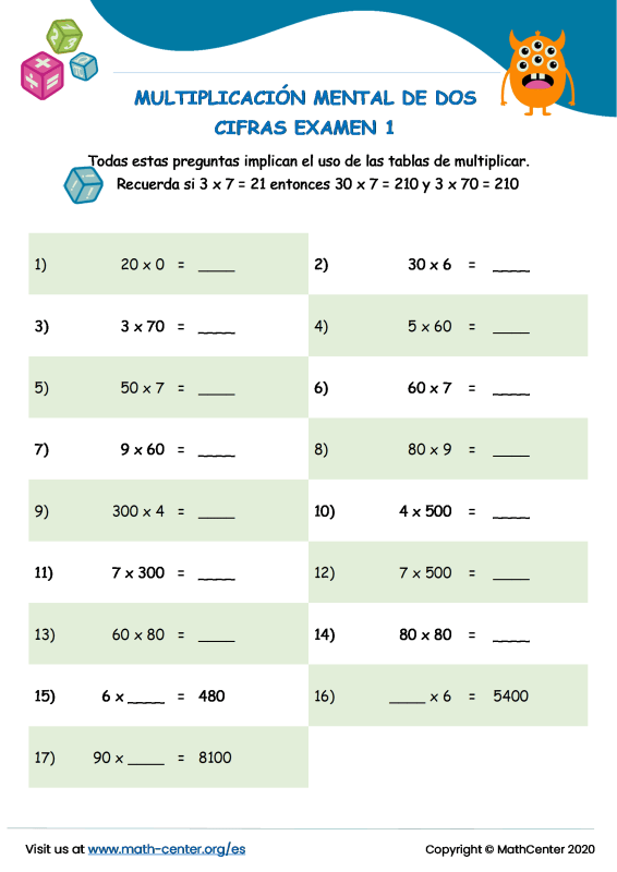 Cuarto grado Pruebas Multiplicación de Dos