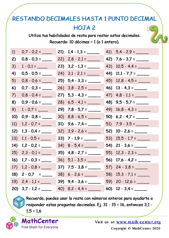 Cuarto Grado Hojas De Trabajo Restar Decimales Math Center