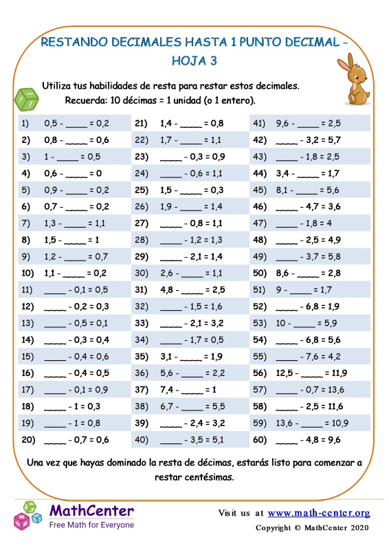 Cuarto Grado Hojas De Trabajo Restar Decimales Math Center