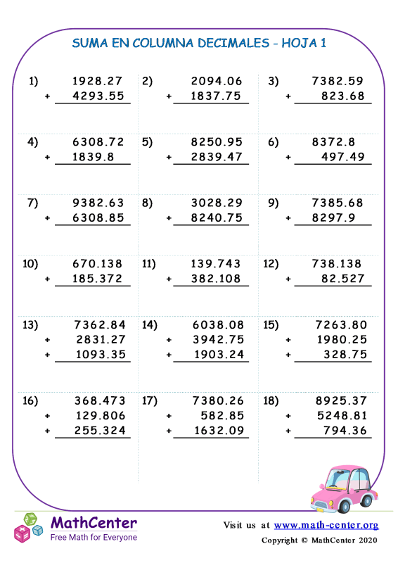 Cuarto Grado Hojas De Trabajo Sumar Decimales Math Center