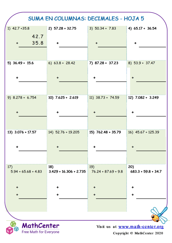 Cuarto Grado Hojas De Trabajo Sumar Decimales Math Center Hot Sex Picture 1729