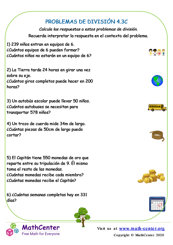 Cuarto Grado Hojas De Trabajo Problemas De División Math Center 0930