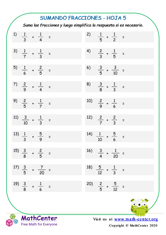 Quinto Grado Hojas De Trabajo Sumar Fracciones Math Center 4708